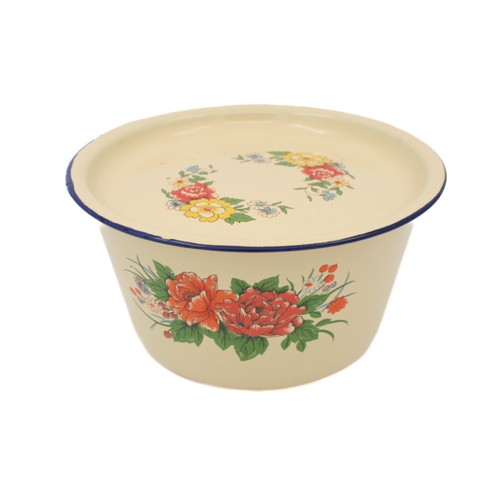 Emaljskål med lock med blommor